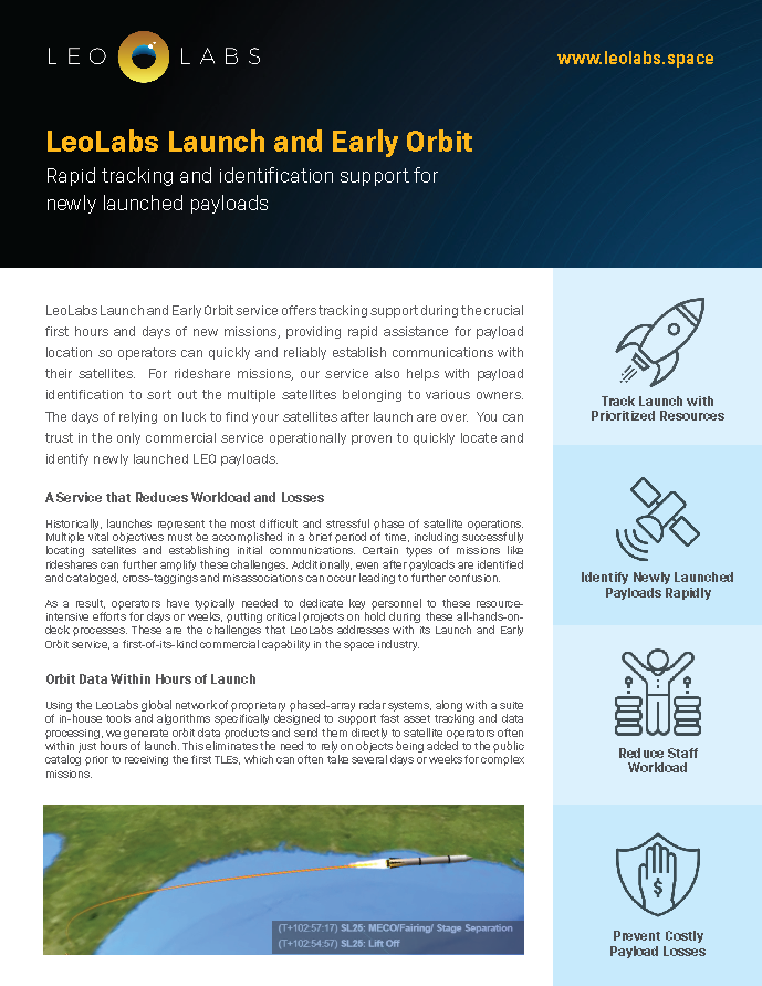 LeoLabs Product Sheet for Launch and Early Orbit services